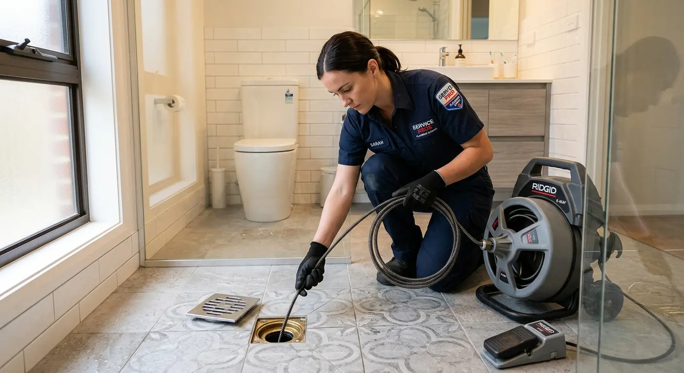 Technician clearing a bathroom floor drain for Drain Repair in Altoona